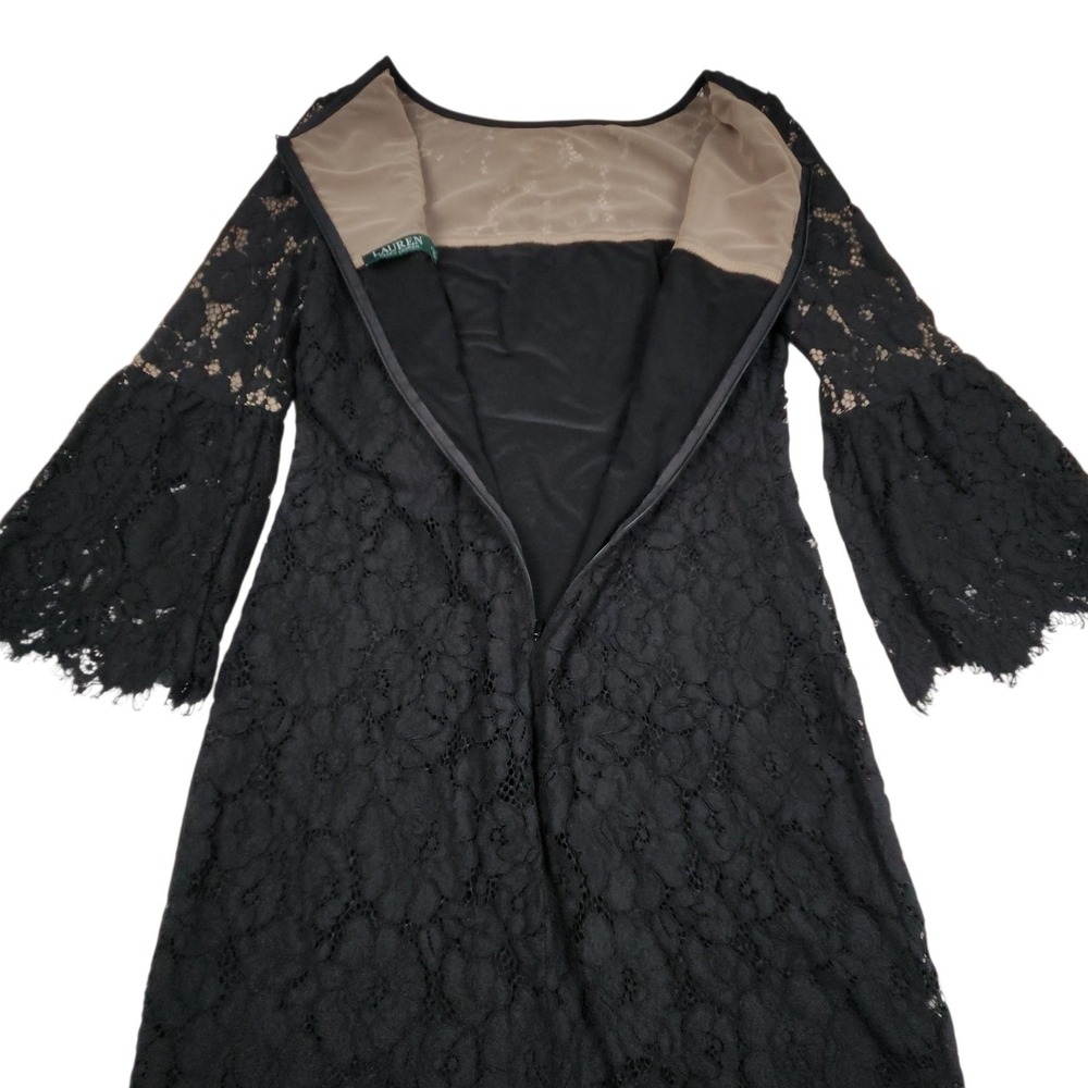 Lauren Ralph Lauren Lace Bell Sleeve Dress 6 Black Nude Floral Shift Whimsigoth - Picture 4 of 15